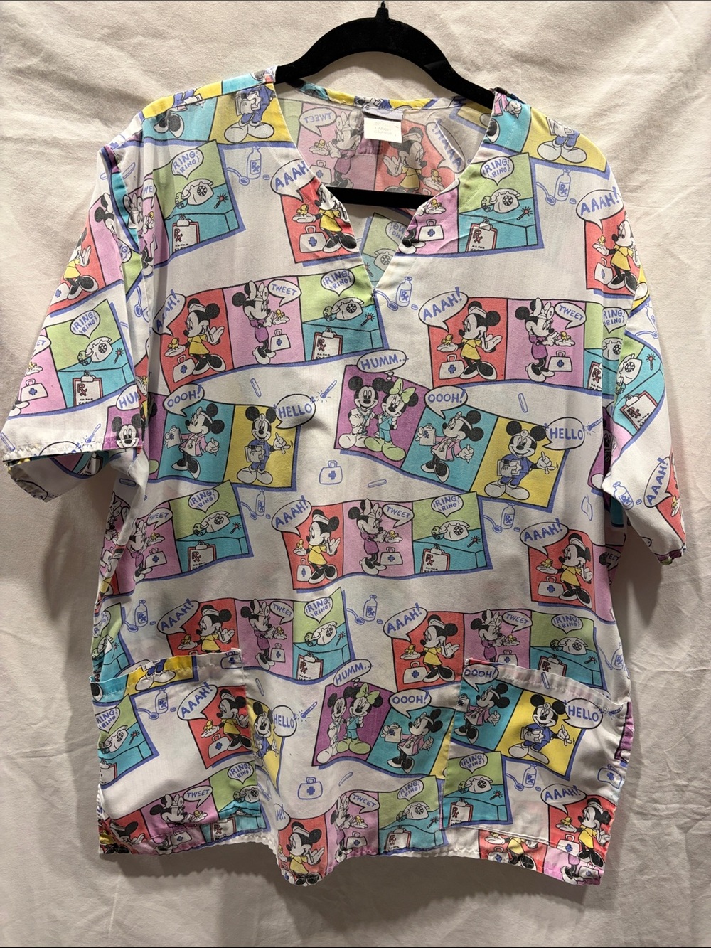 Disney Comic Strip Mickey & Minnie Scrub Top - Pastel Cartoon Print